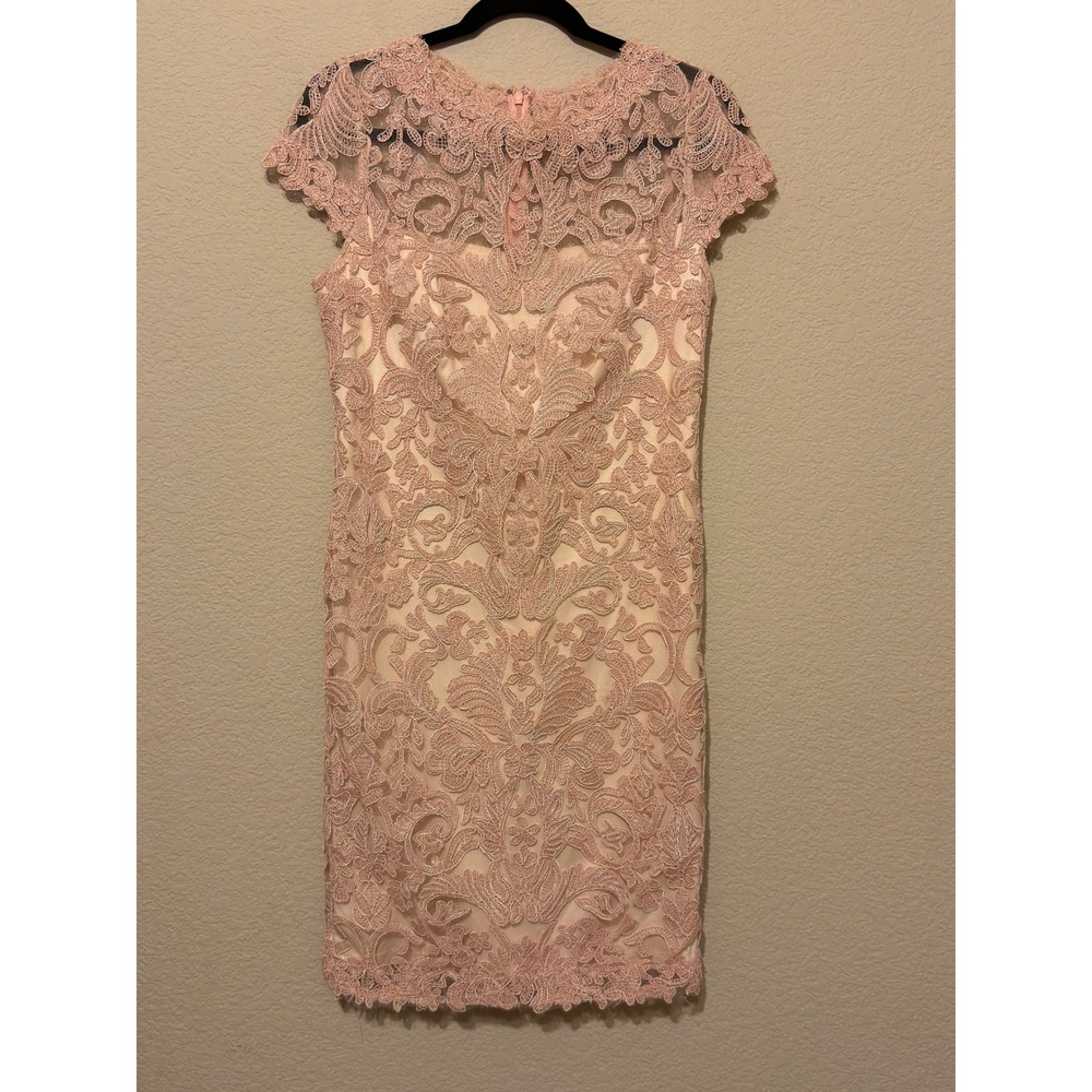 Tadashi Shoji Sheath Dress Pink Corded All Over Lace Illusion Neck Sz 10 Formal